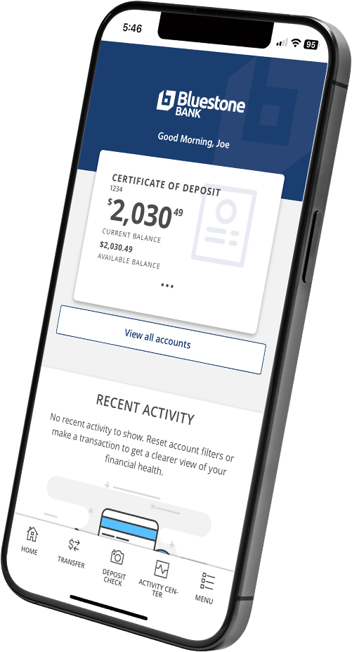 Screenshot of Certificate of Deposit page on Bluestone Bank's Mobile App