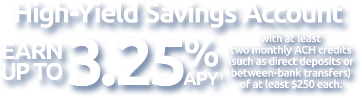 High Yield Savings Account - Earn up to 3.25% APY(1) with at least two monthly ACH credits (such as direct deposits or between-bank transfers) of at least $250 each.