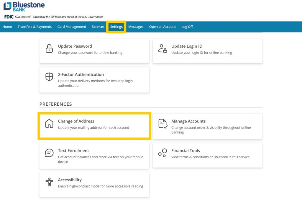 Screenshot of Online Banking Settings Page, with the Change of Address button highlighted. 
