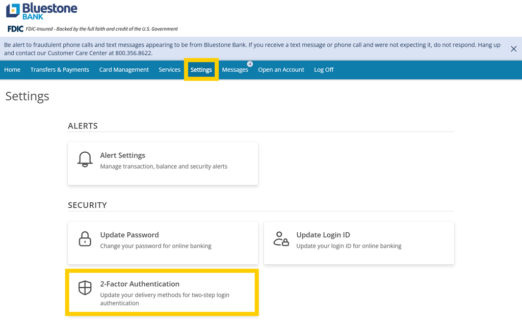 Bluestone Bank Online Banking Settings Page with the 2-Factor Authentication Button Highlighted