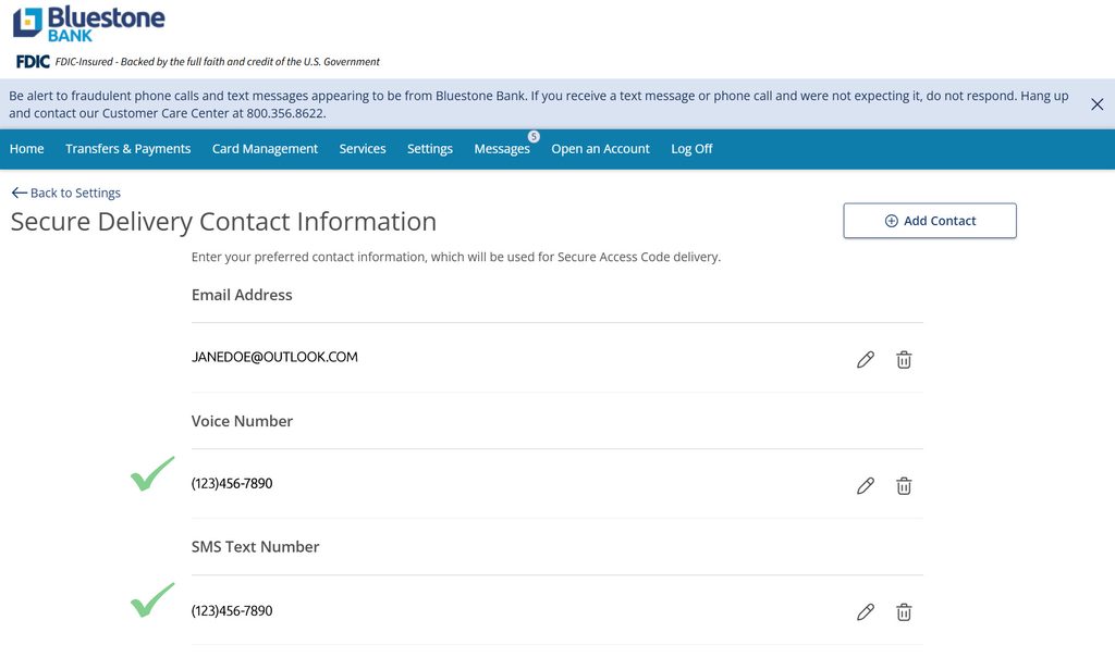 Secure Delivery Contact Information Page of Bluestone Bank Online Banking with check mark annotations next to Voice Number and SMS Text Number.