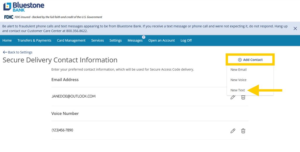 Secure Delivery Contact Information page of Bluestone Online Banking with the Add Contact button highlighted. 