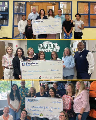 3 groups of people each with an oversized $10,000 check.